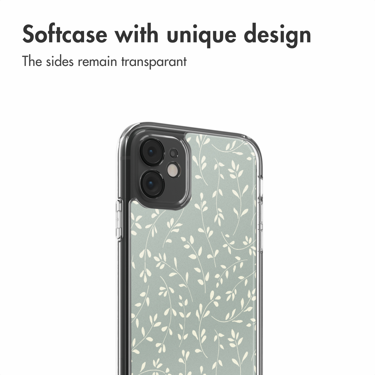 Una funda transparente con fondo verde pálido y patrón de hojas blancas.