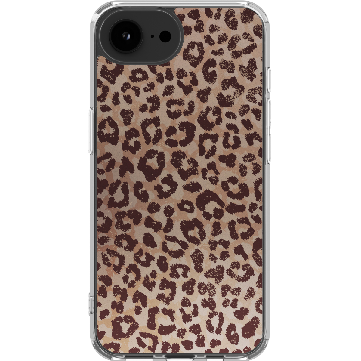 Una custodia trasparente per telefono con stampa leopardata marrone e beige.