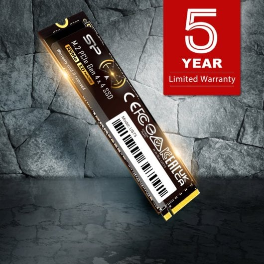 SP M.2 NVMe SSD with 5-year warranty against stone wall background.