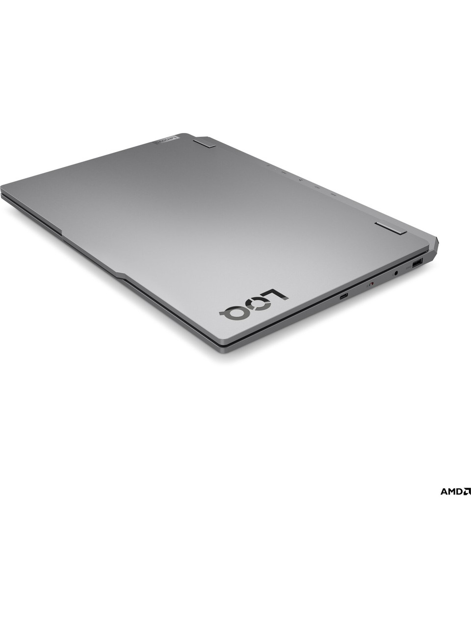 LOQ ve AMD logolu kapalı gri dizüstü bilgisayar.