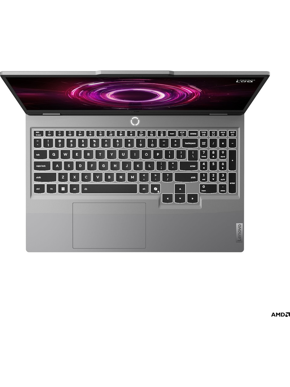 Pembe/mor ekran ve klavyeli açık gri Lenovo dizüstü bilgisayar.
