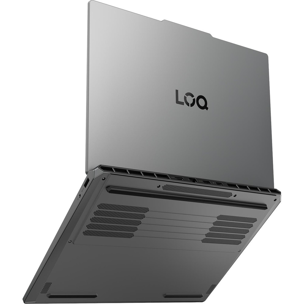 Açık ekranlı gri bir dizüstü bilgisayar, "LOQ" logosunu gösteriyor.