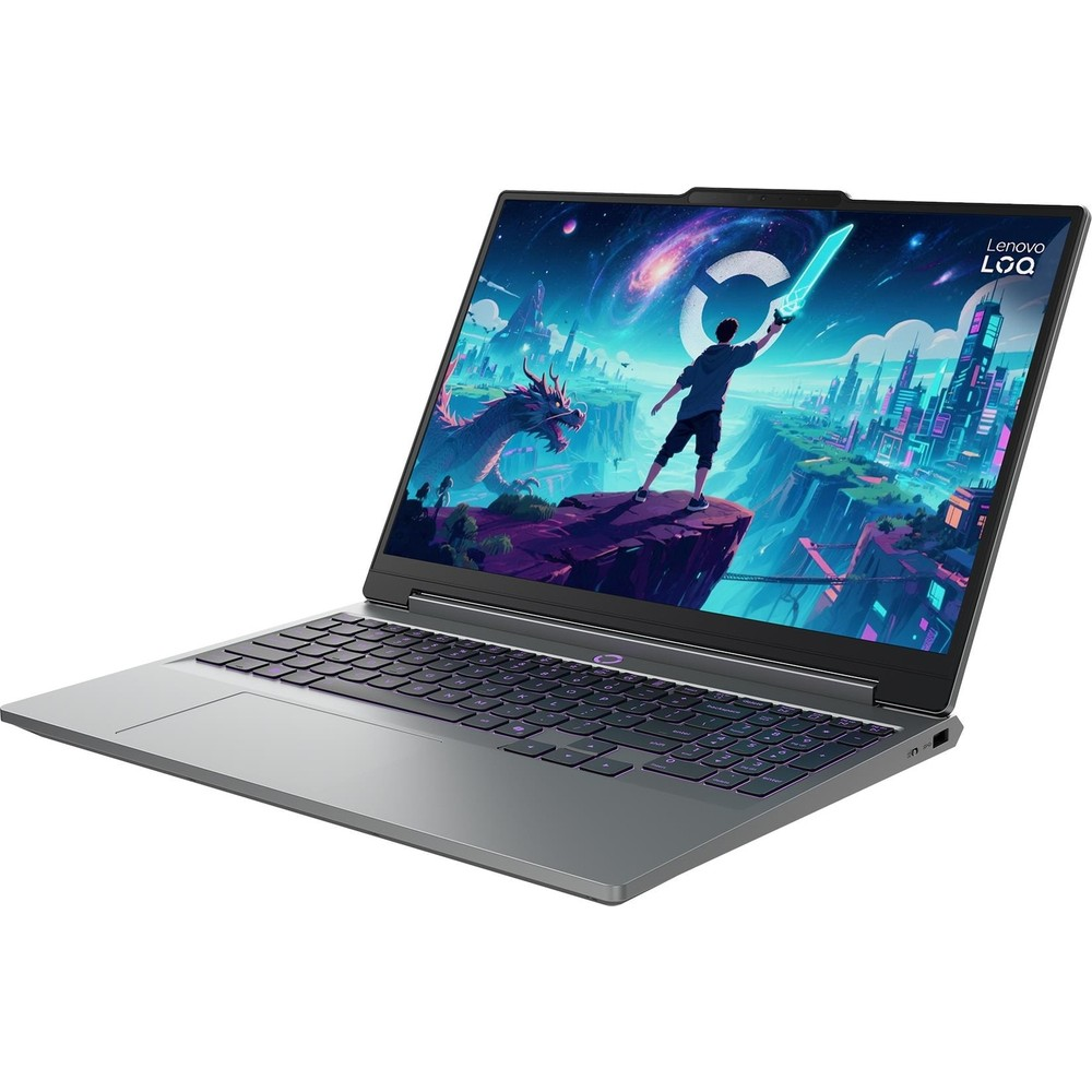 Lenovo LOQ dizüstü bilgisayarda ejderha ve savaşçı içeren fantezi sahnesi.