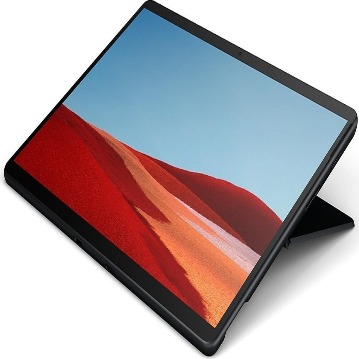 Un tablet nero con sfondo rosso e blu, in piedi sul suo cavalletto.