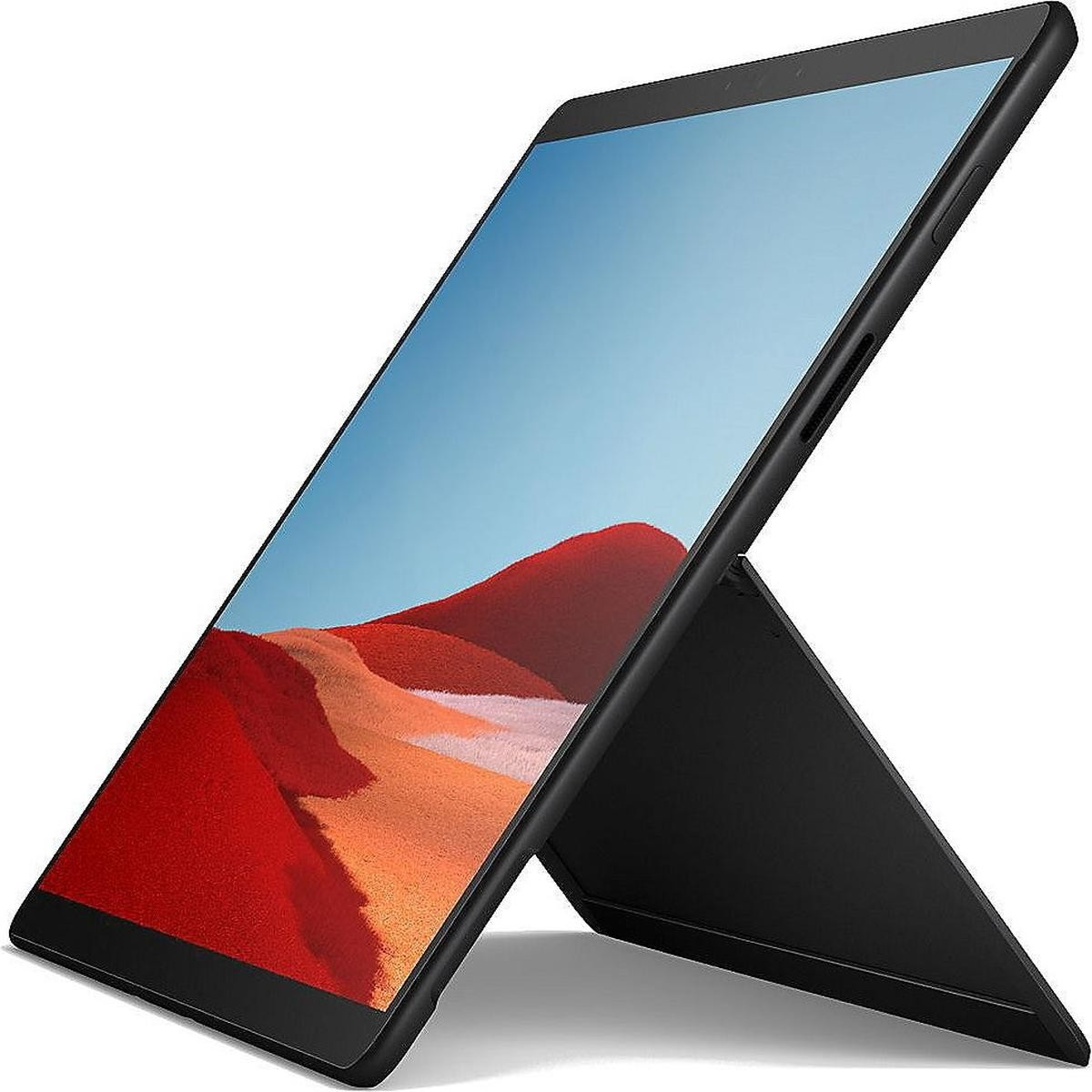 Tablet nero con cavalletto che mostra una collina rossa e arancione con cielo blu.