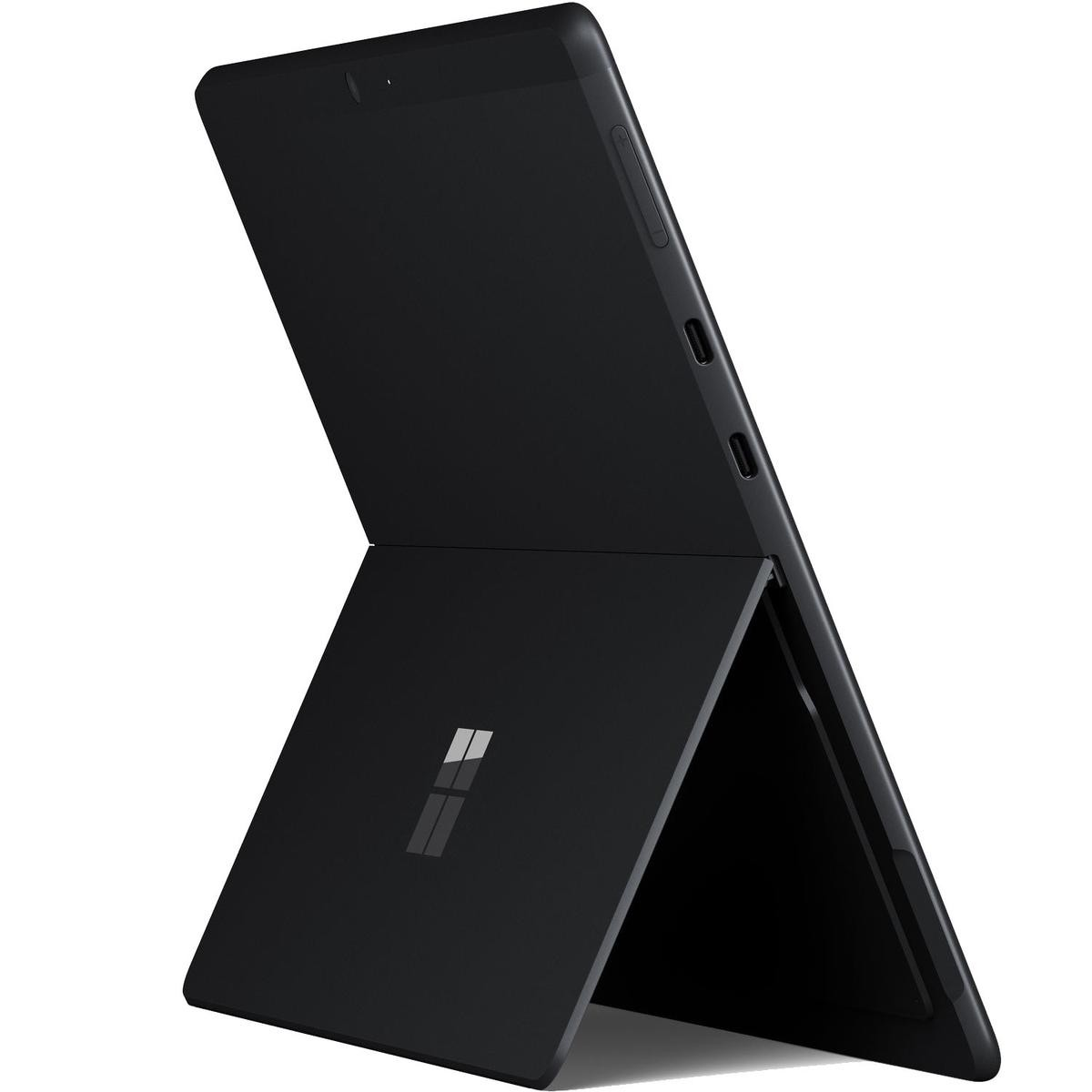 Tablet nero aperto con cavalletto e logo Microsoft.