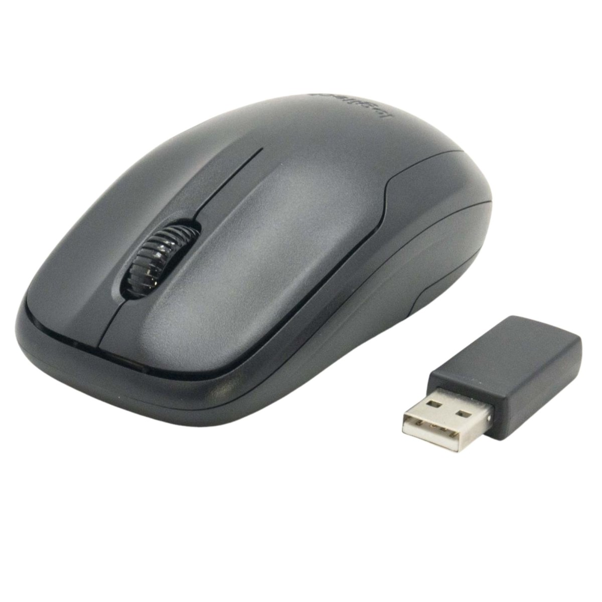 Un ratón de computadora negro con rueda de desplazamiento y un dongle USB sobre fondo blanco.
