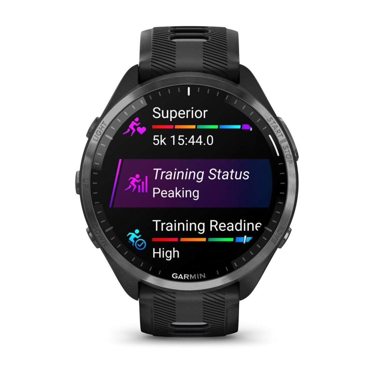Een zwarte smartwatch toont trainingsgegevens: 5 km in 15:44, status Piek, gereedheid Hoog.