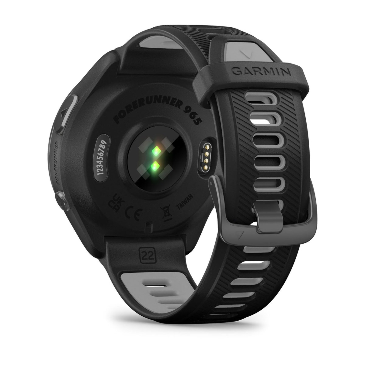 Achterkant van een zwarte Garmin Forerunner 965 smartwatch met hartslagsensoren.