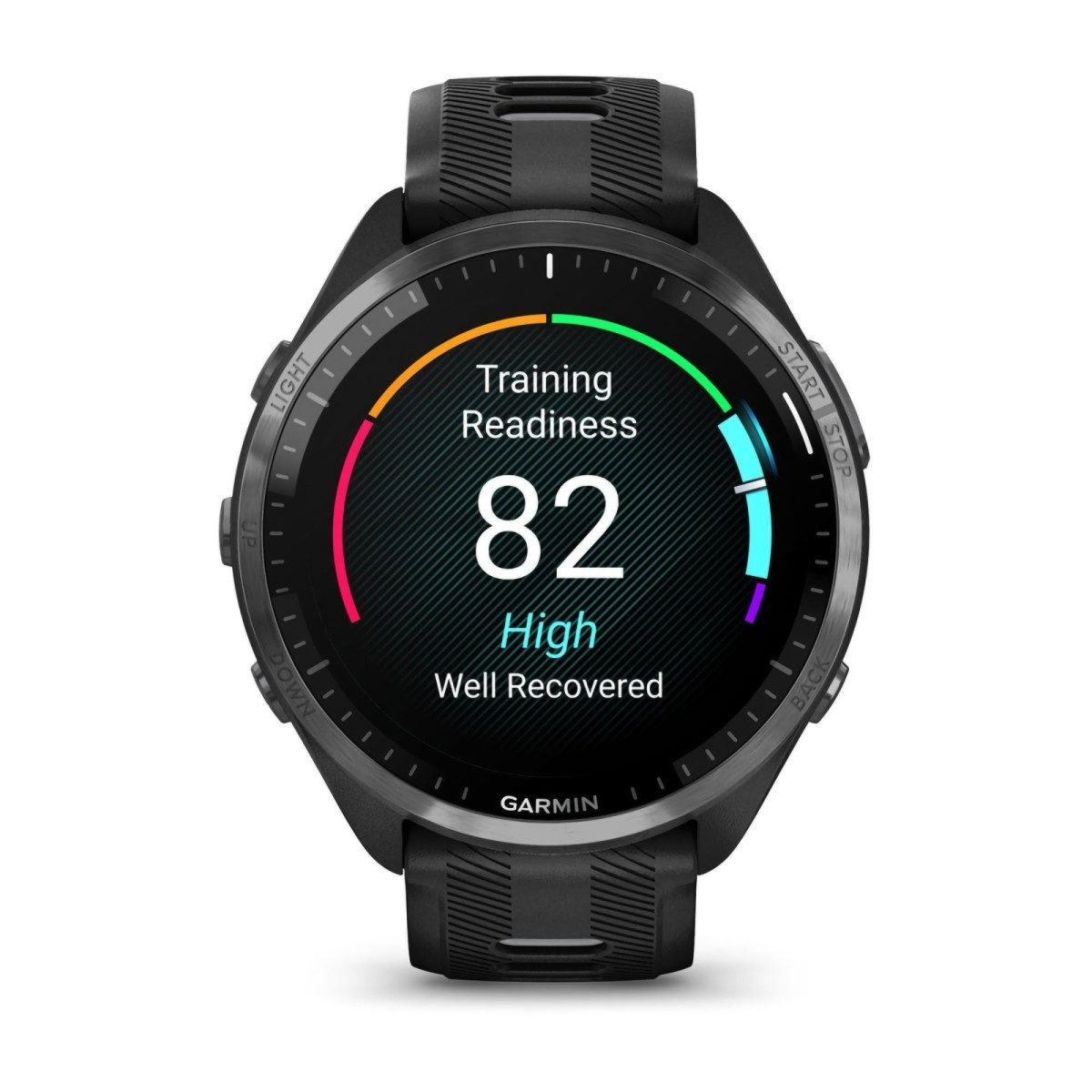 Een zwarte Garmin smartwatch met een kleurenscherm waarop 'Training Readiness 82 High Well Recovered' wordt weergegeven.