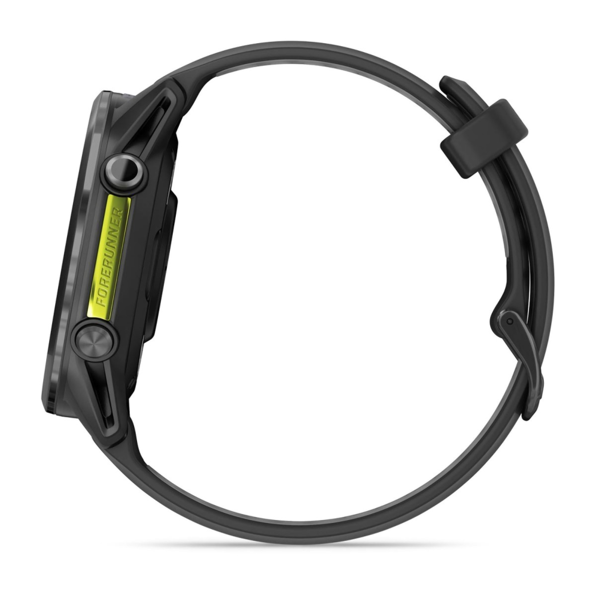 Smartwatch Garmin Forerunner nero con accento giallo, vista laterale.
