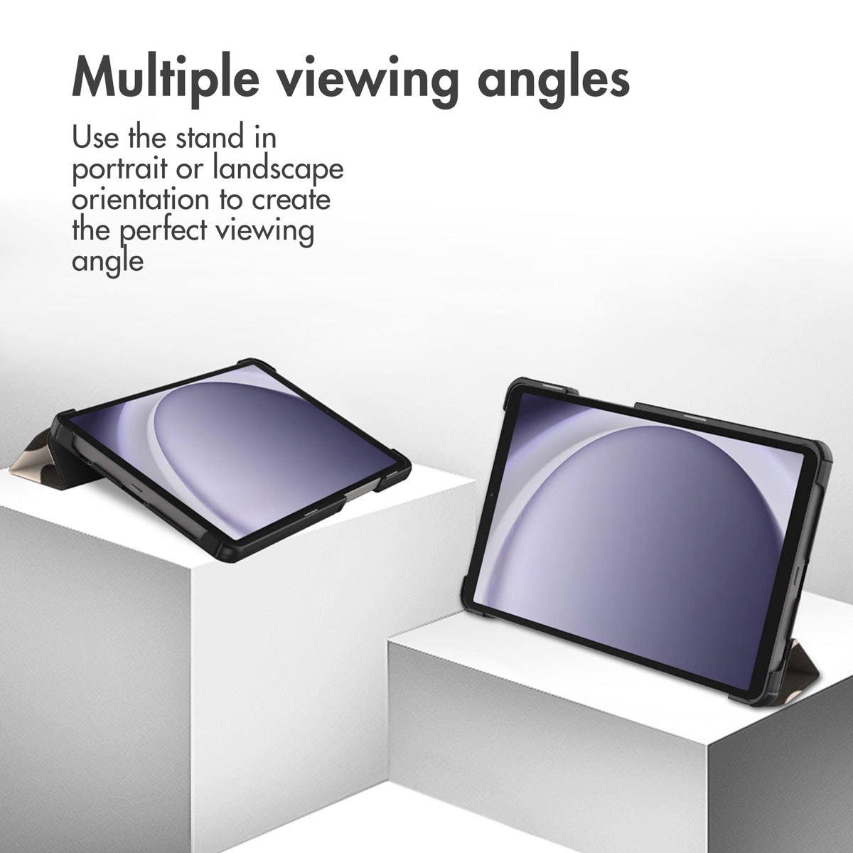 Two tablets in cases stand on white cubes. One is in portrait, the other in landscape orientation.