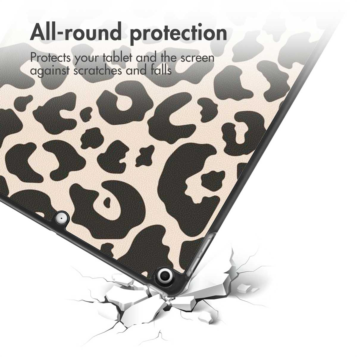 Custodia per tablet con stampa leopardata che cade e si rompe.