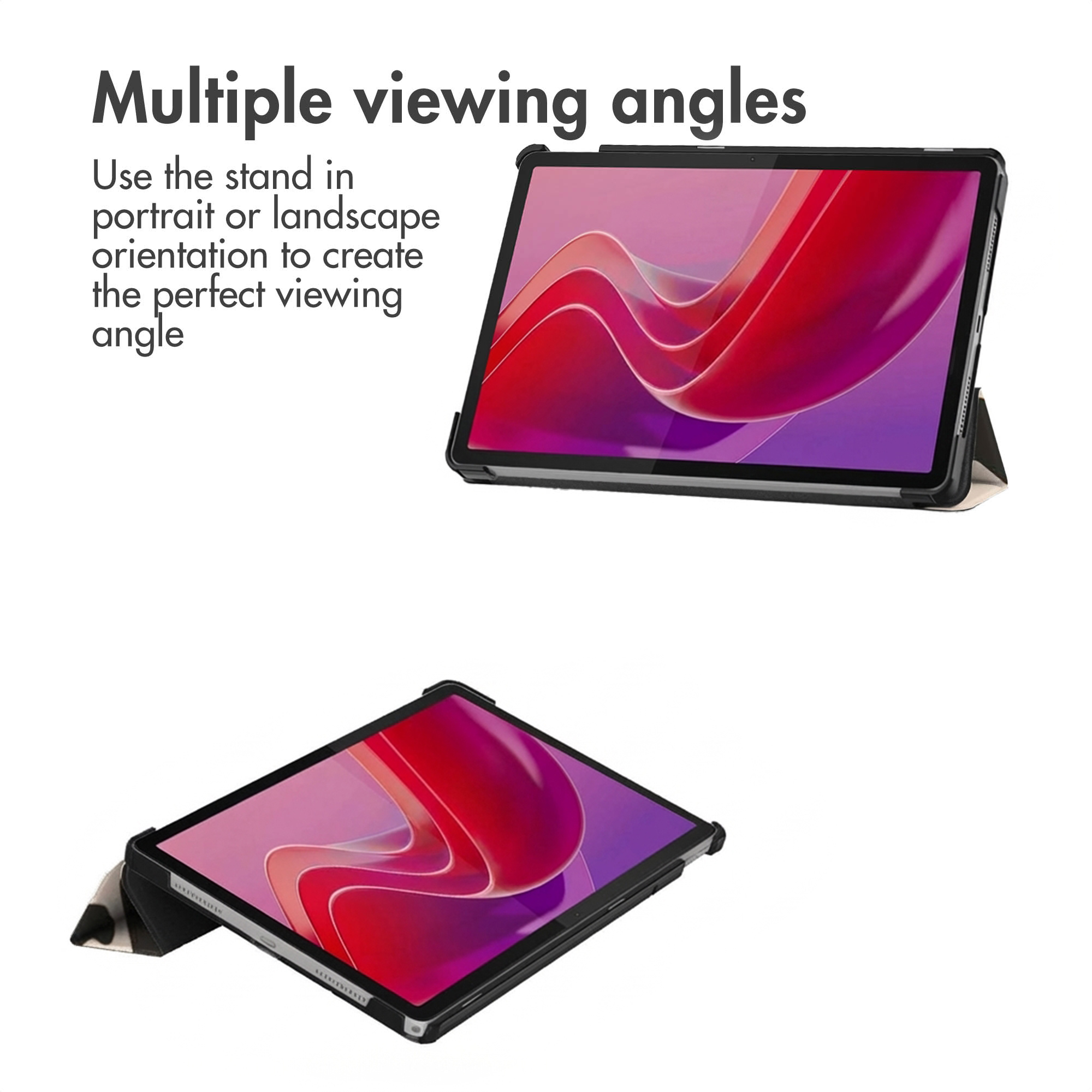 Two tablets shown in different orientations with colorful screens.