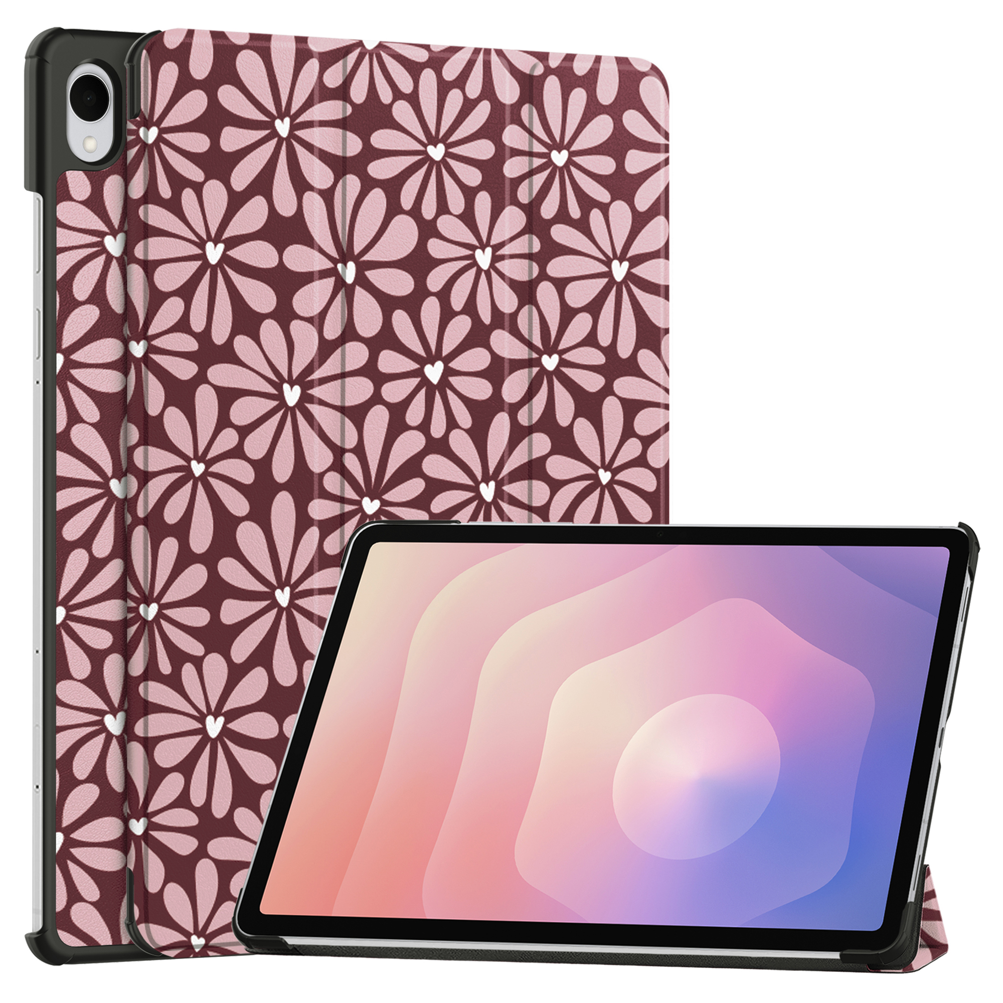 A tablet with a red and pink floral pattern case.
