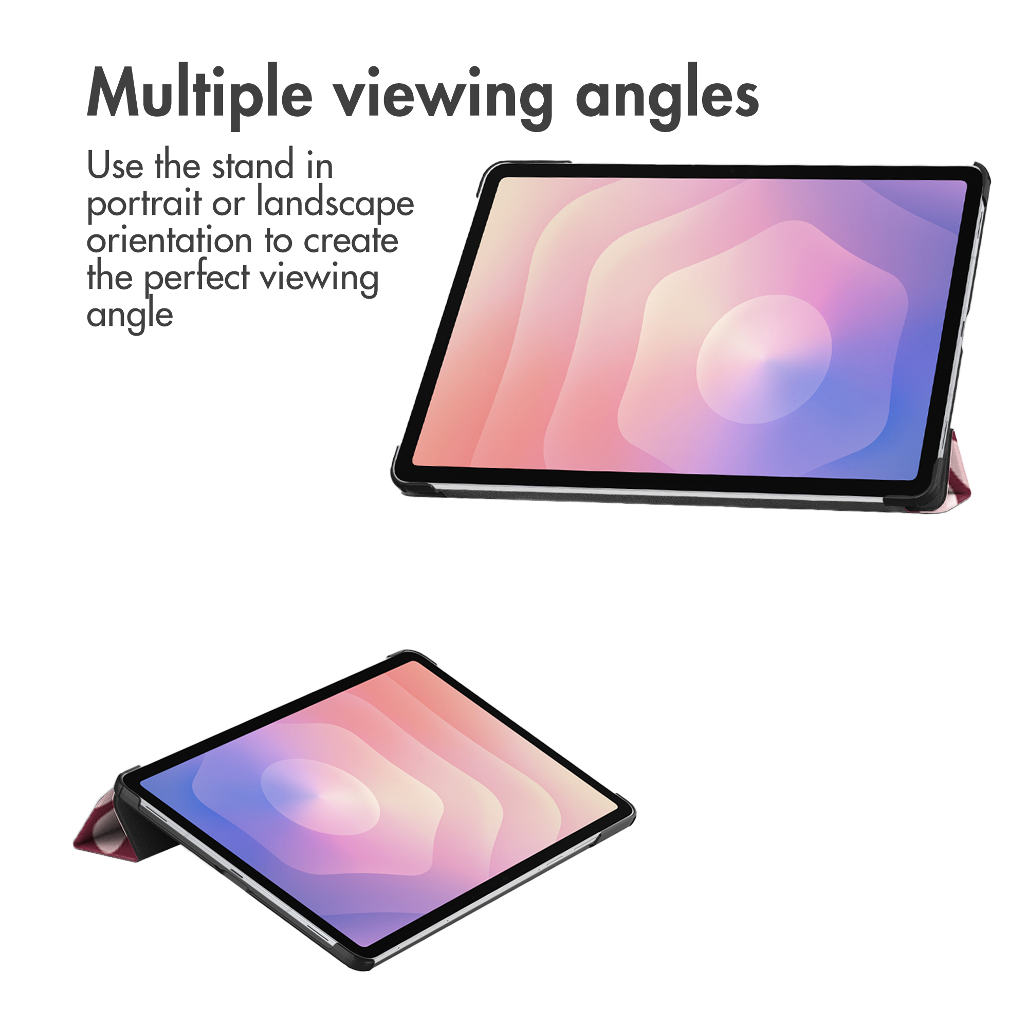 A tablet in a stand, shown in portrait and landscape orientations.