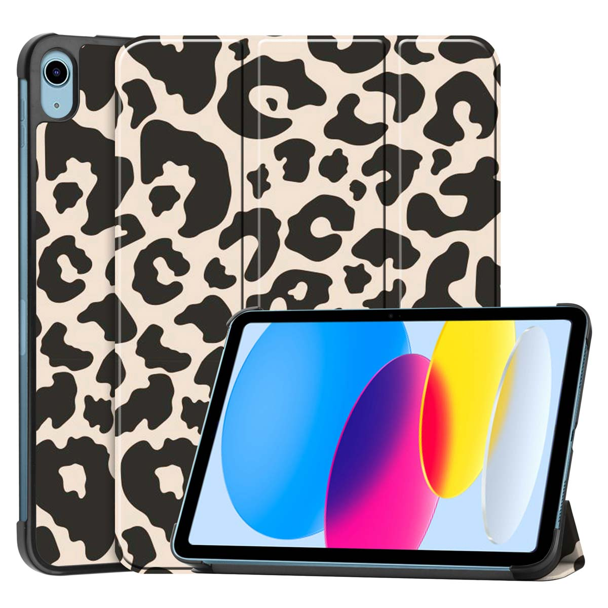 A tablet in a leopard print case standing upright.