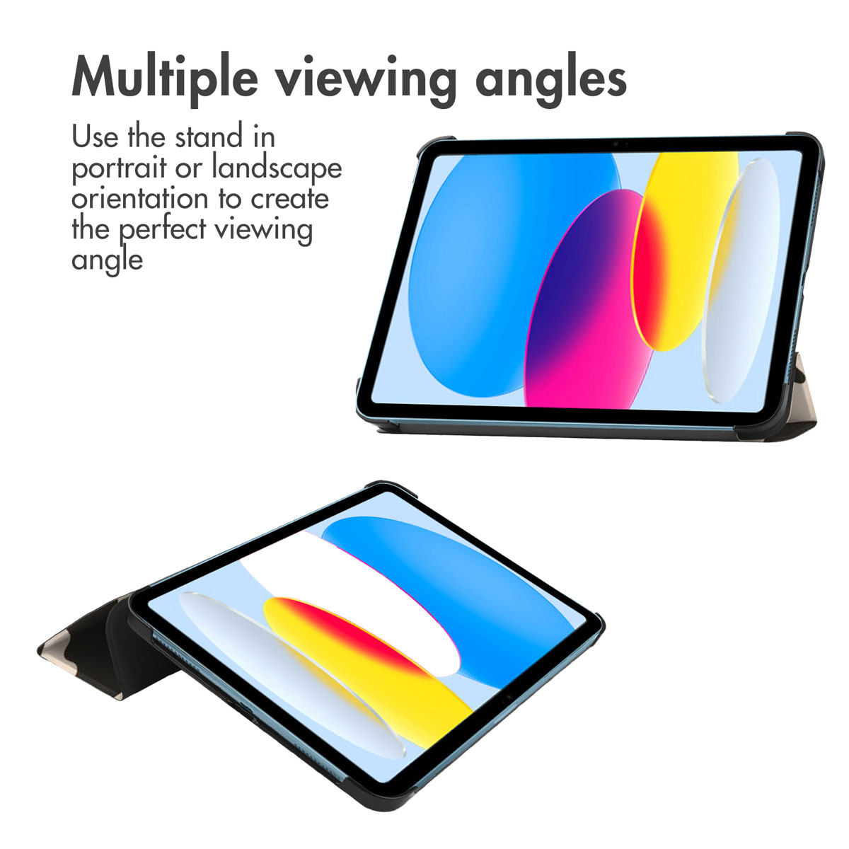 Tablets in cases shown in portrait and landscape modes, displaying colorful abstract backgrounds.