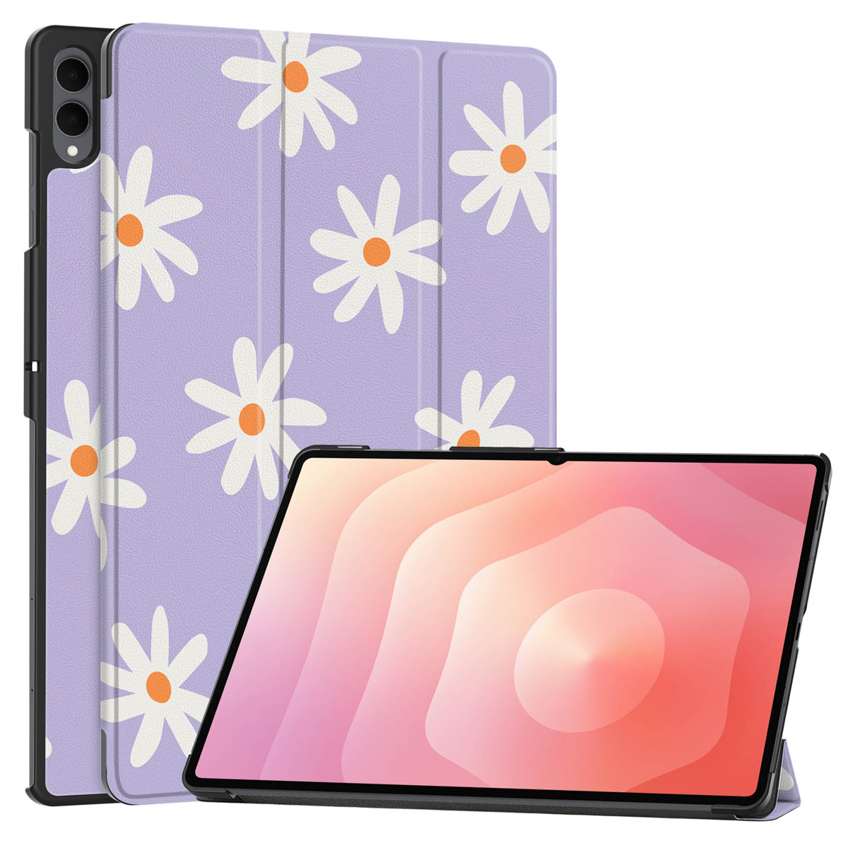 A tablet with a purple case featuring daisies and a pink screen.
