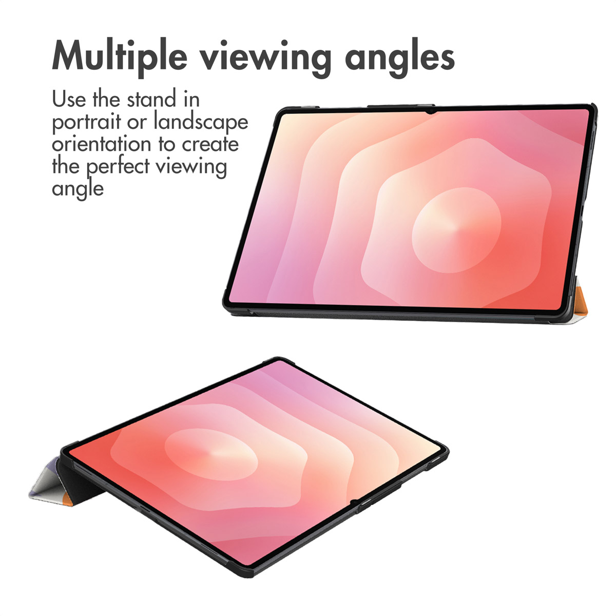 Two tablets in black cases with abstract patterned screens, showing viewing angles.