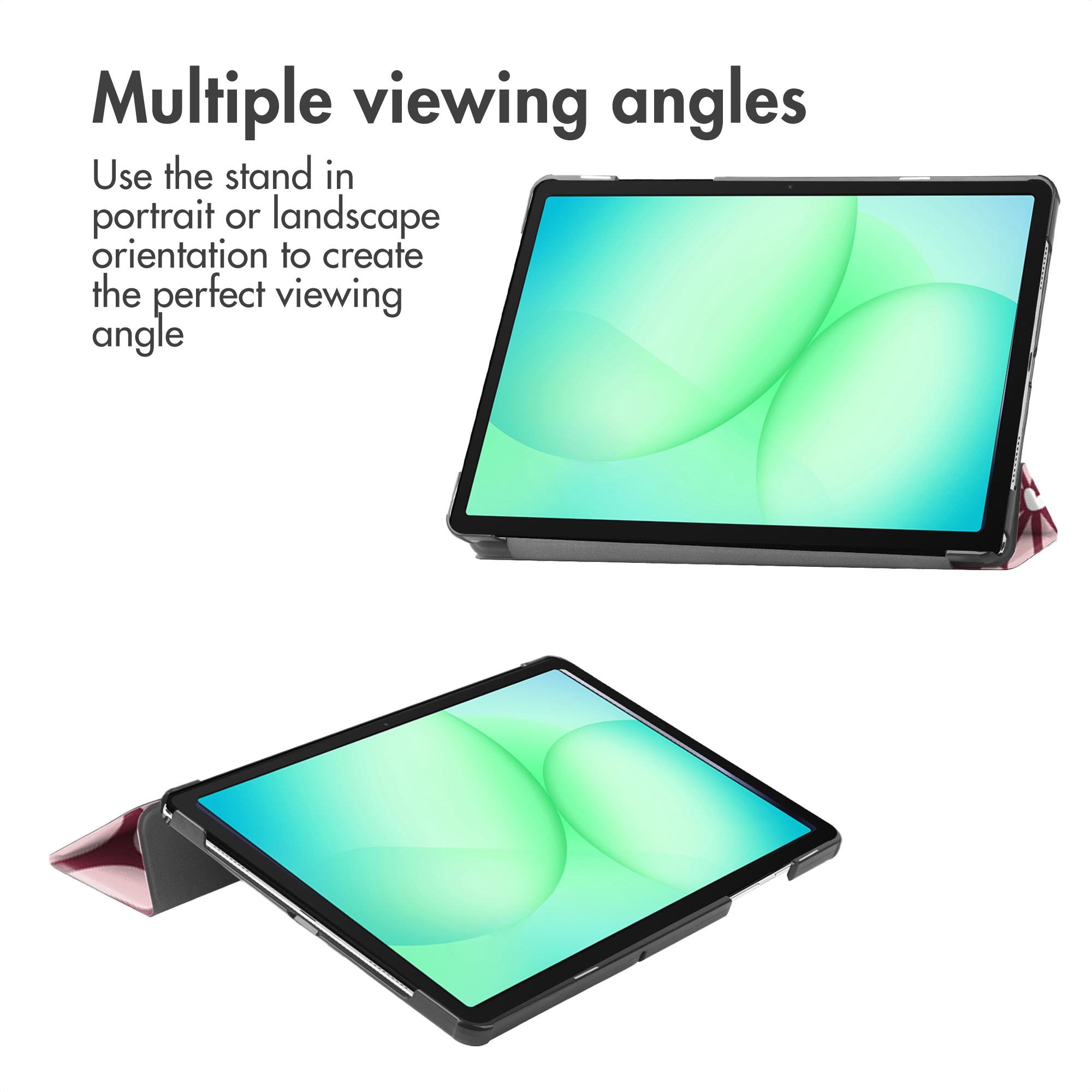 Two tablets shown from different angles, one portrait, one landscape.