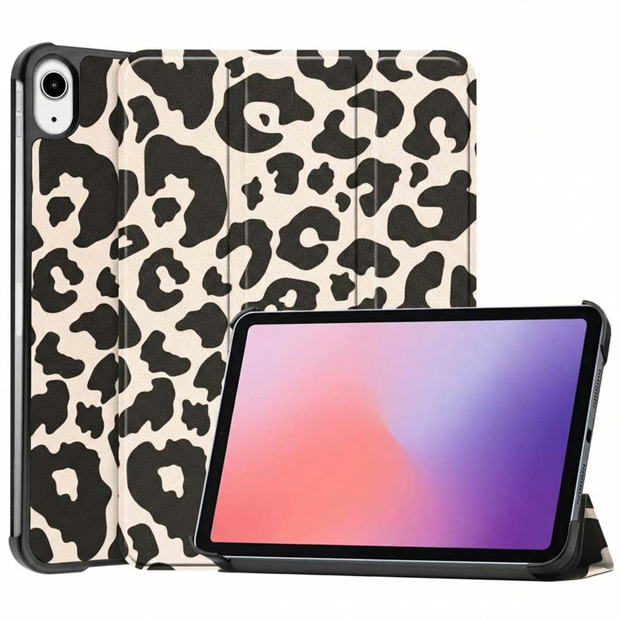 A tablet in a leopard print case, standing upright.