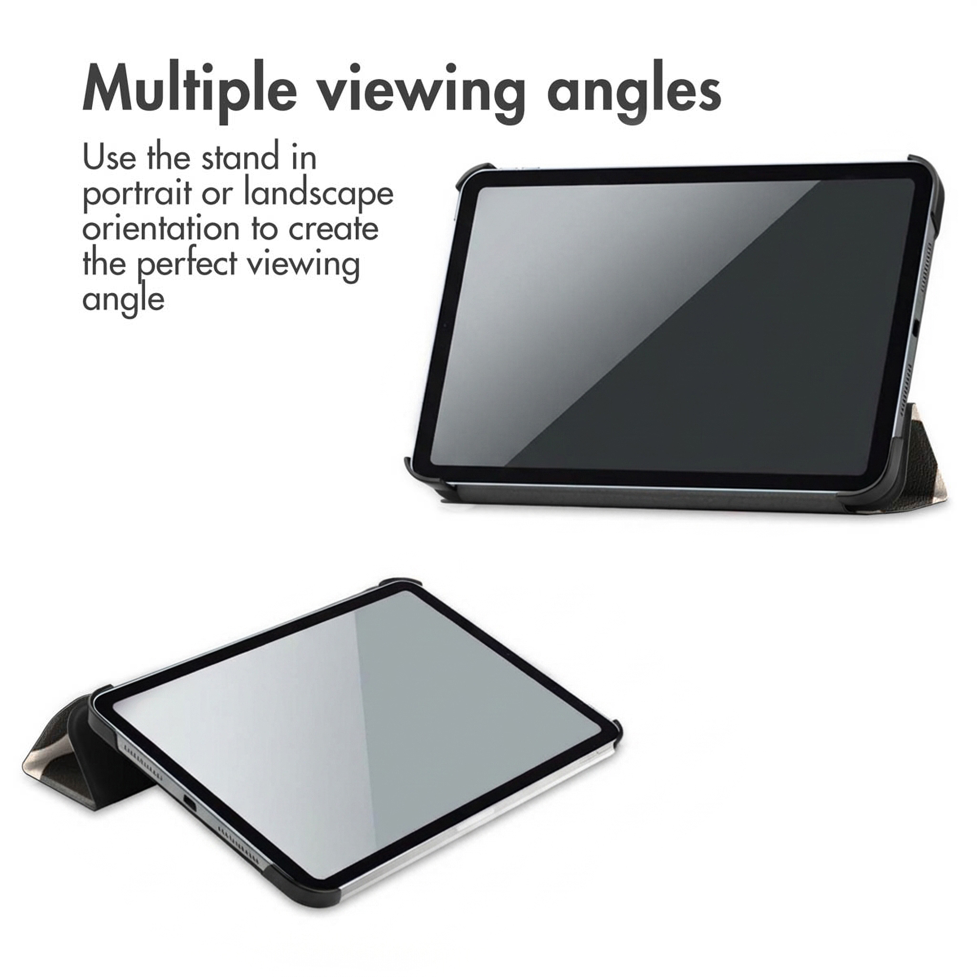 A tablet with a stand shown in portrait and landscape orientations.