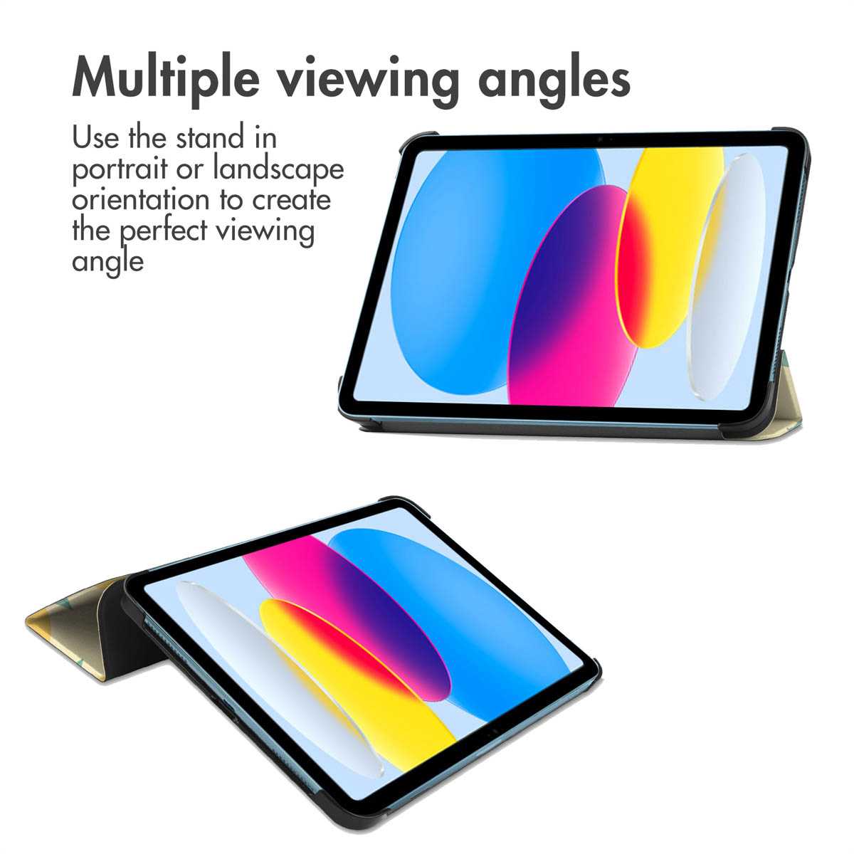 Tablet in two views with colorful wallpapers, stand in landscape orientation.