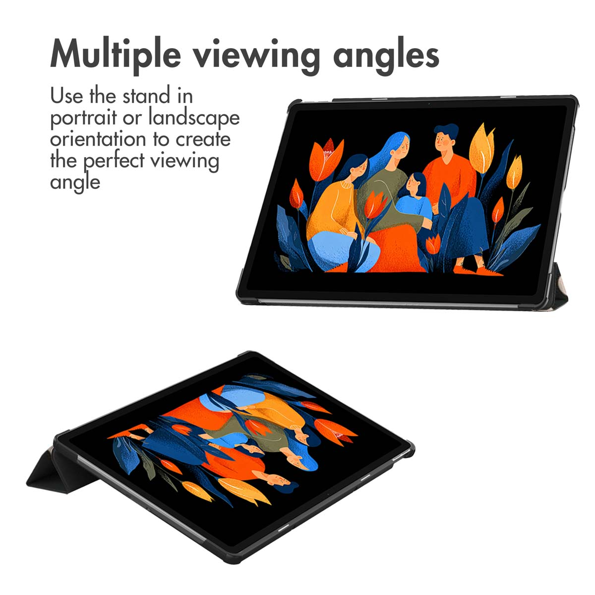 Two tablets displaying a family illustration and flowers, shown in different viewing angles.