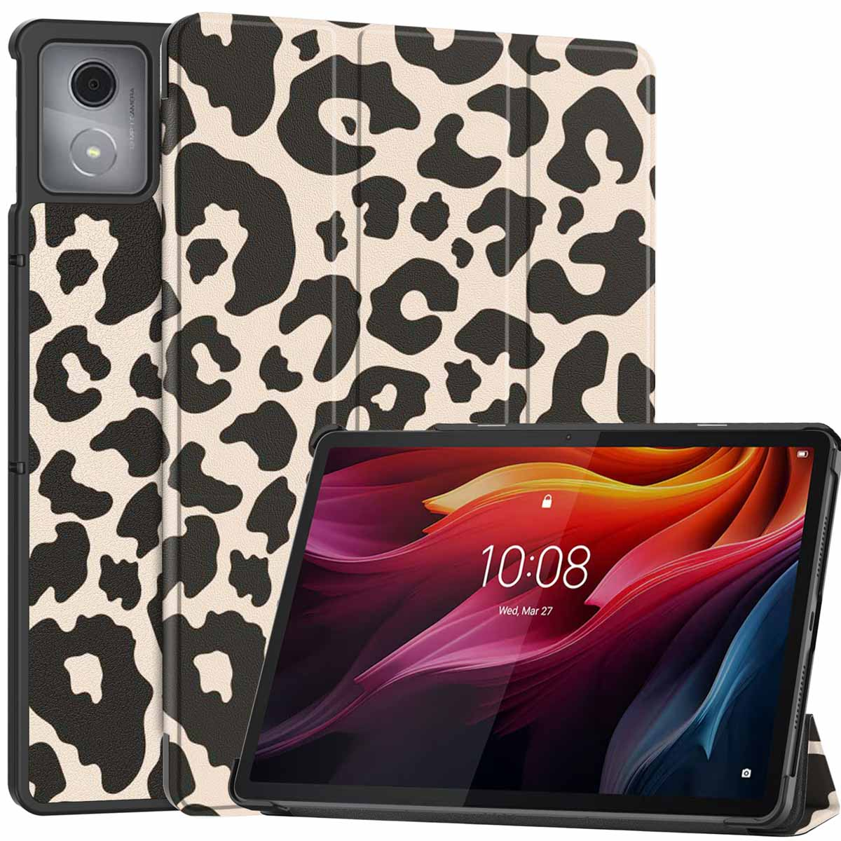 A tablet in a leopard print case, standing upright.