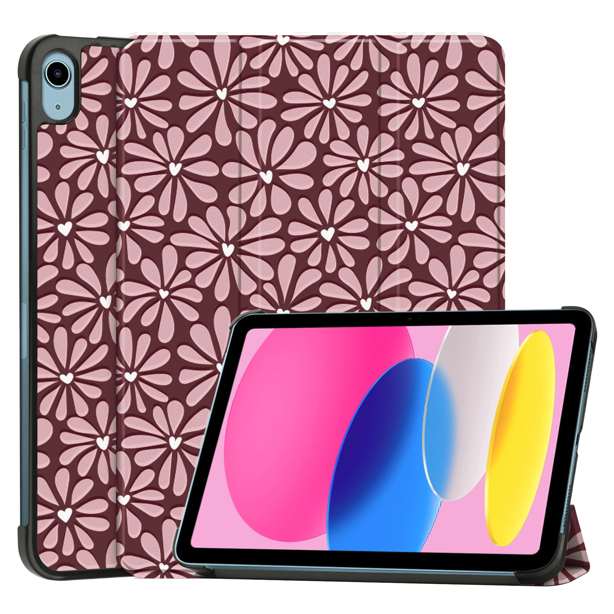 A tablet with a floral pattern on its cover, in portrait orientation.