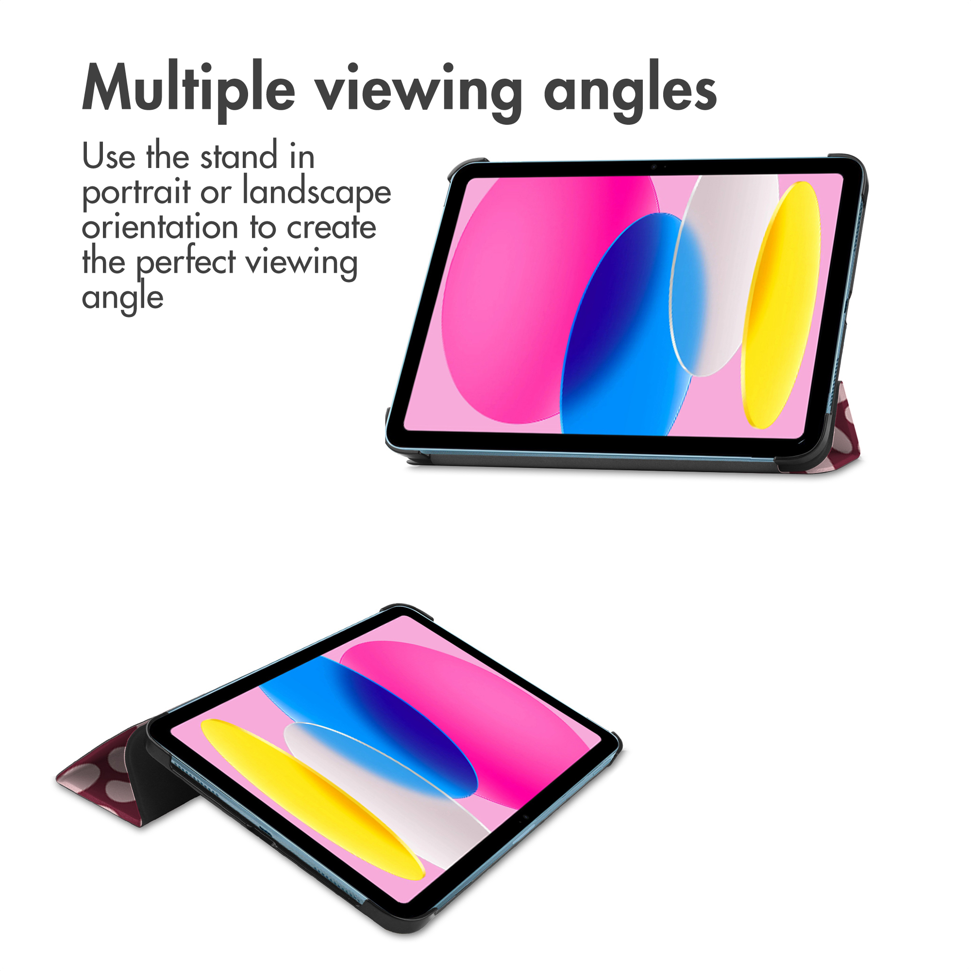 A tablet in a red and white polka dot stand, shown in multiple viewing angles.