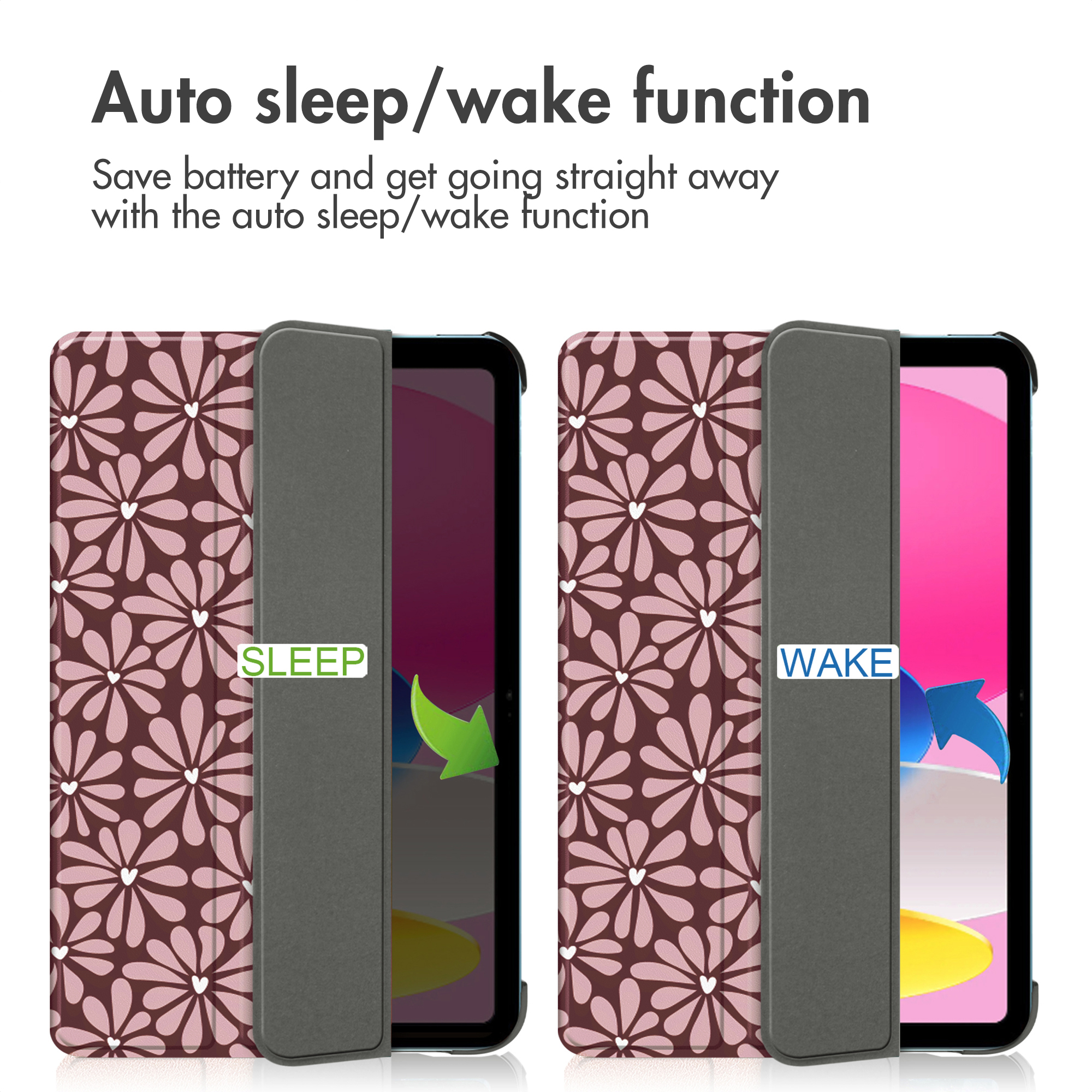 Two floral pattern tablet cases. One shows 