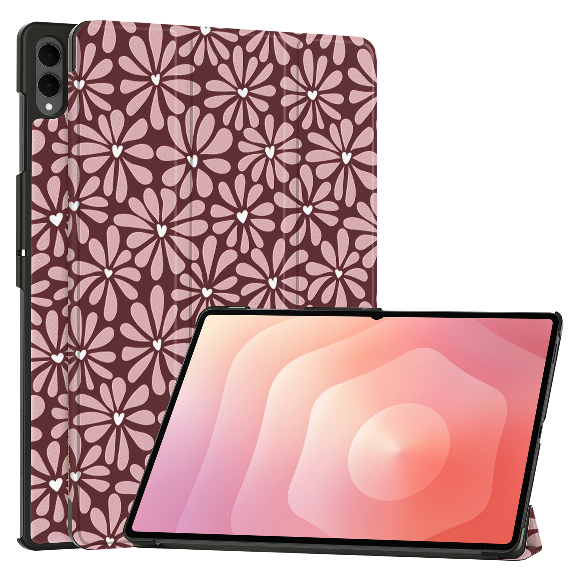 A tablet with a floral pattern case. The case is burgundy with pink flowers.