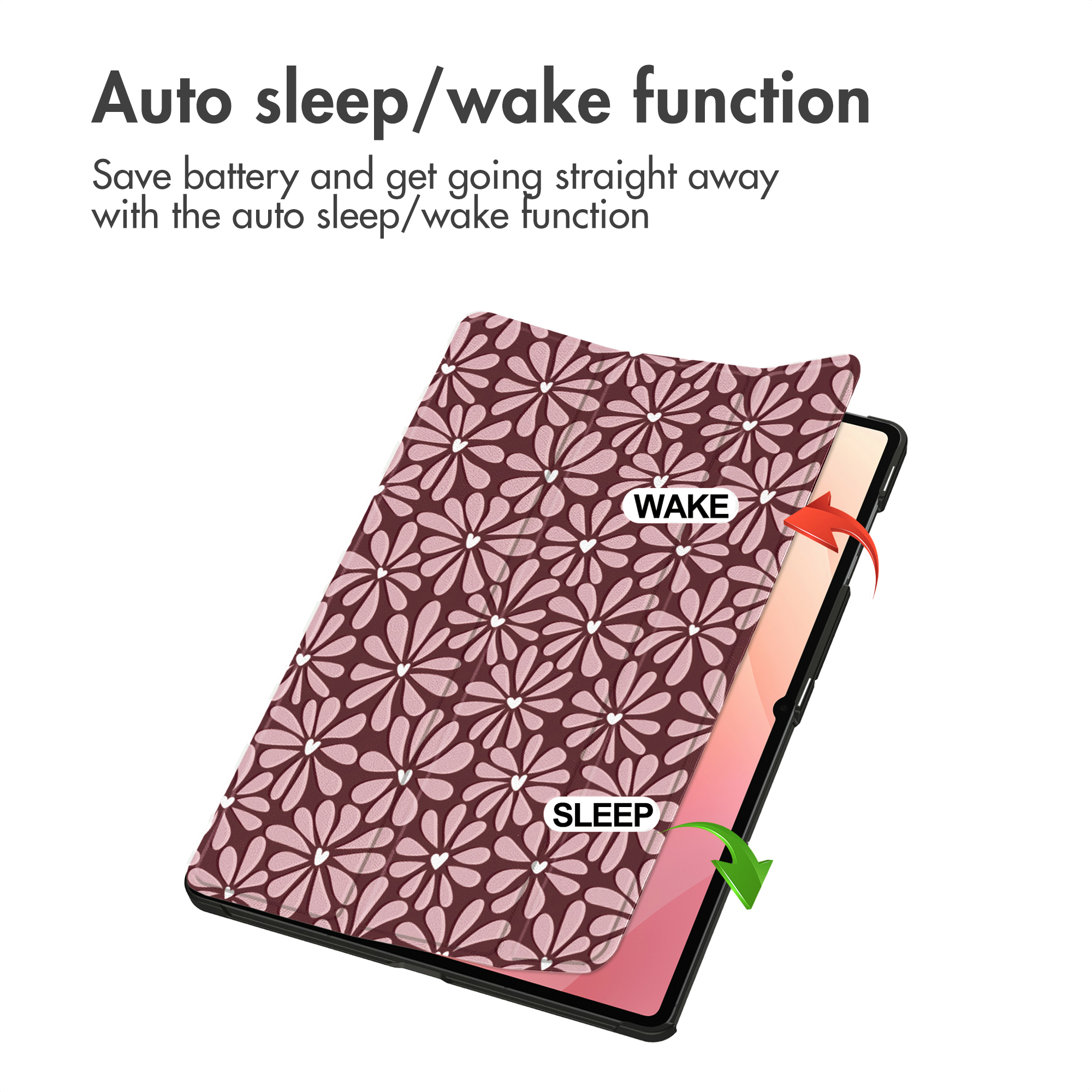 A tablet with a floral case, showing wake and sleep modes.