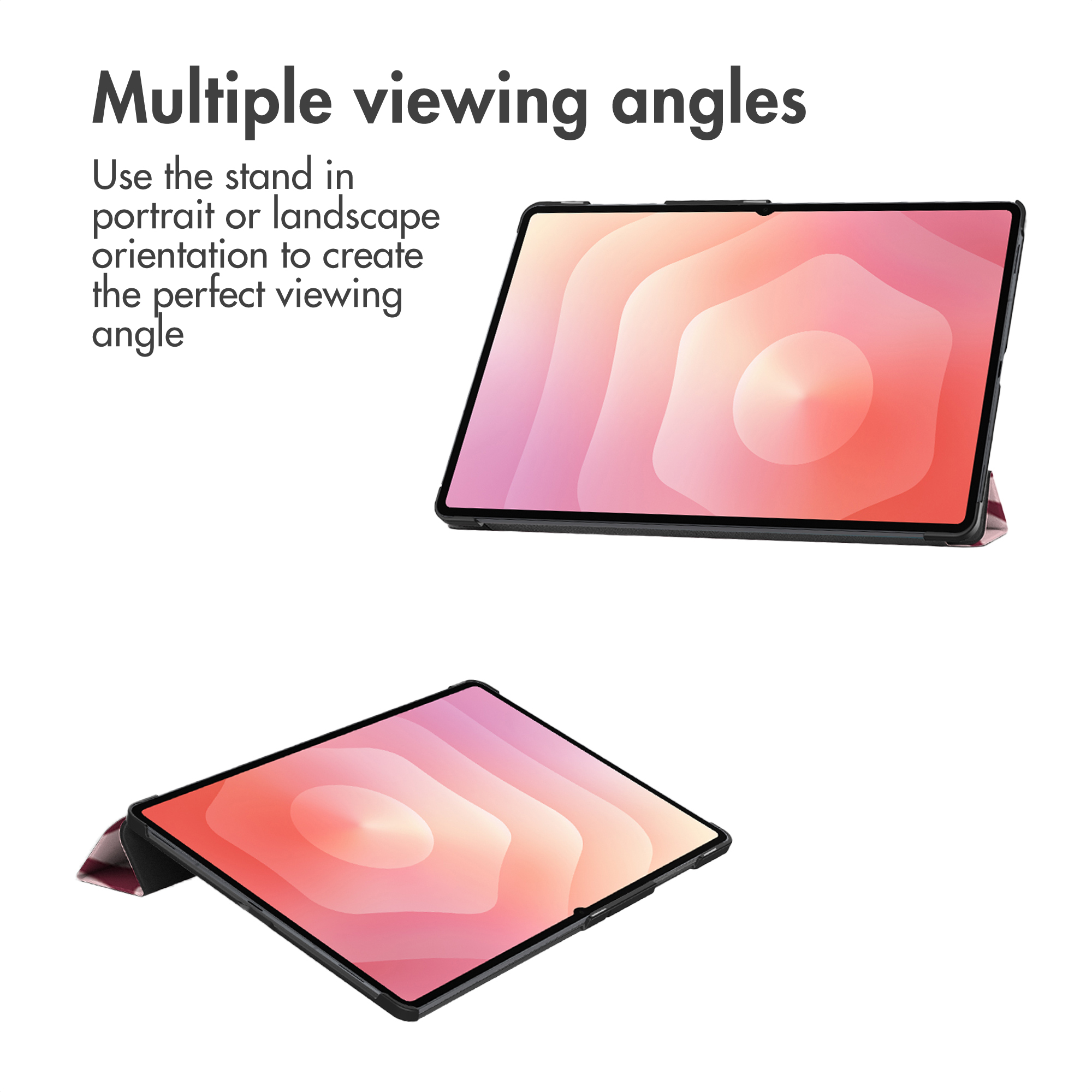 Tablet with stand in portrait and landscape orientation on white background.