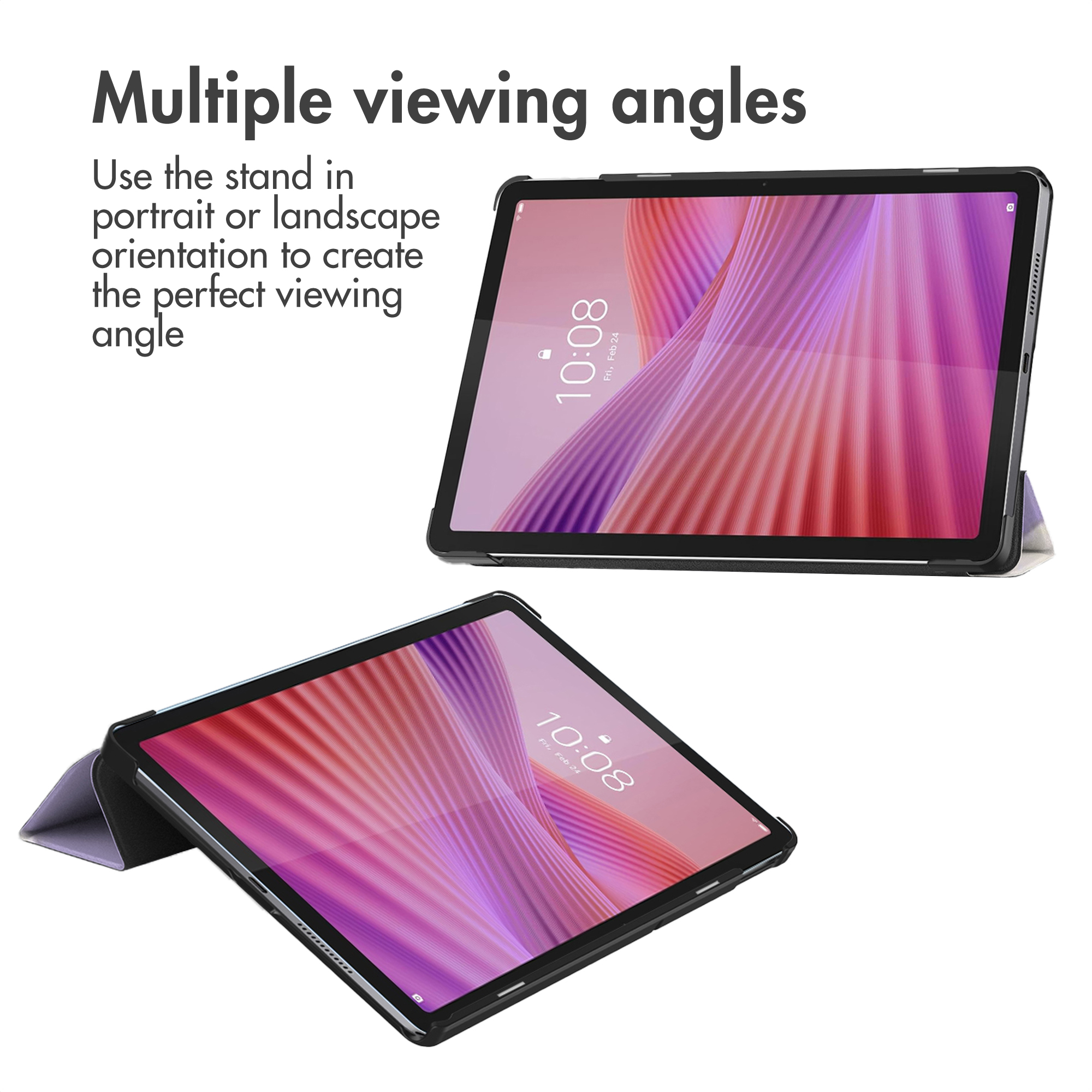 Two tablets in landscape mode with stands, showing different viewing angles.