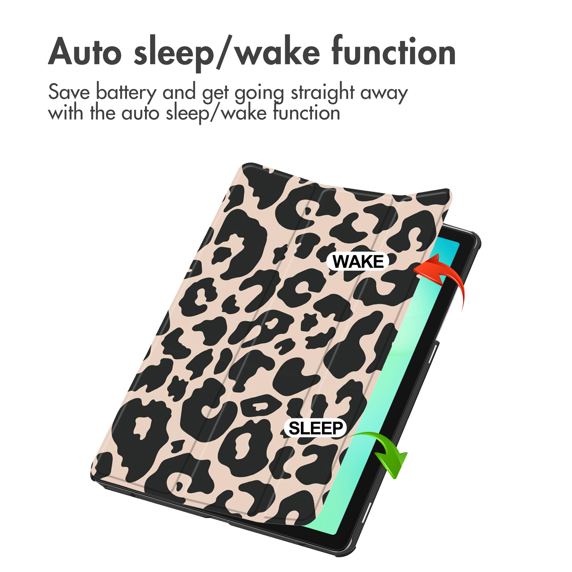 A tablet with a leopard print case, illustrating auto sleep/wake function.