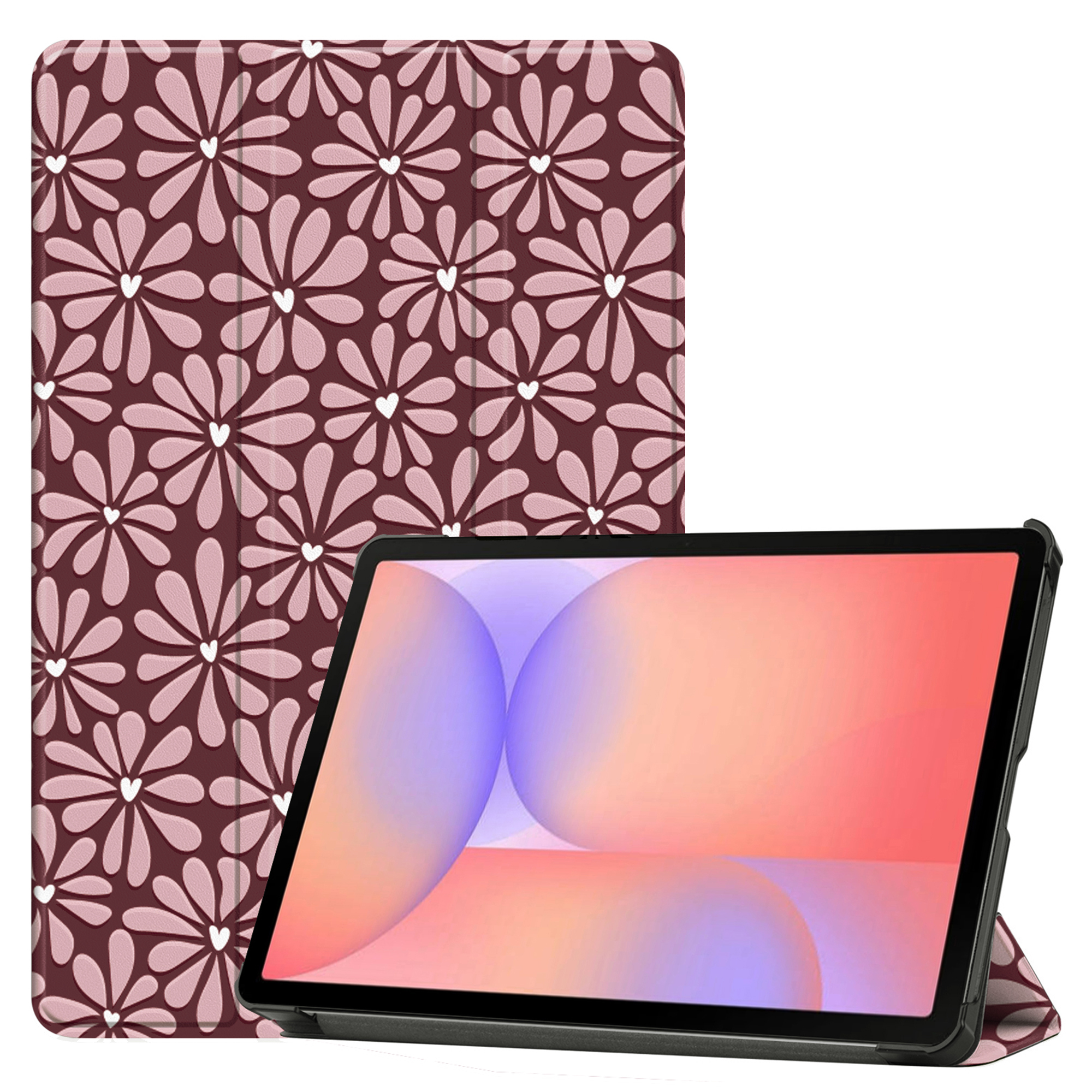 Un tablet con custodia floreale, in piedi, fiori bianchi e rosa.