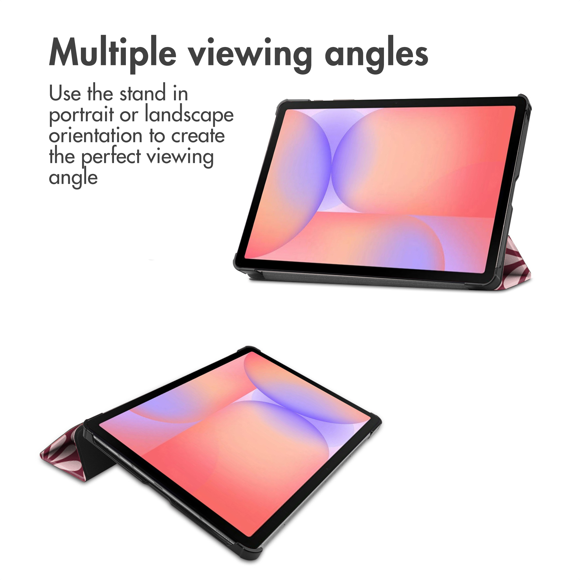 Un tablet nero con supporto, mostrato in due orientazioni: verticale e orizzontale.