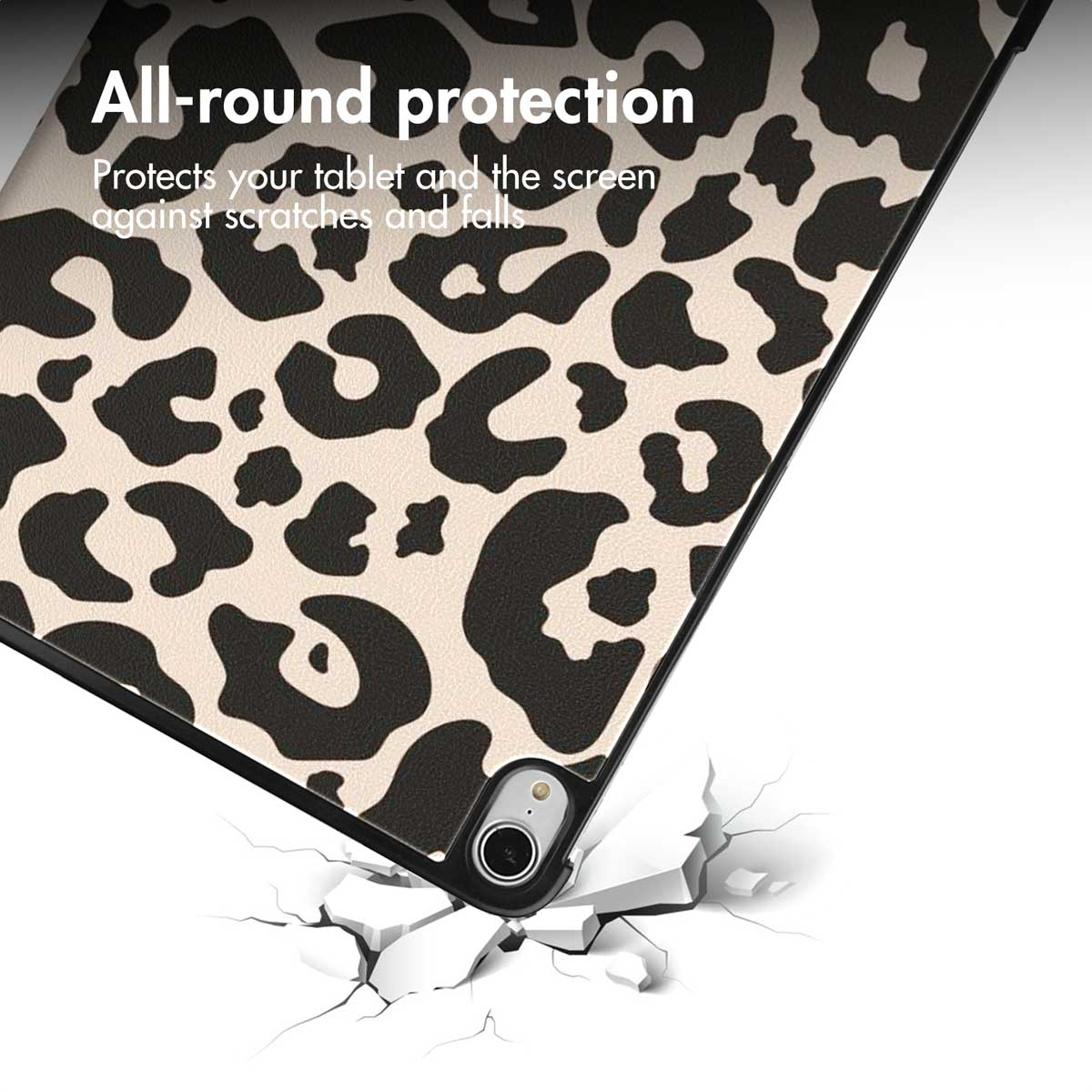 Leopard print tablet case with text 'All-round protection' falling.