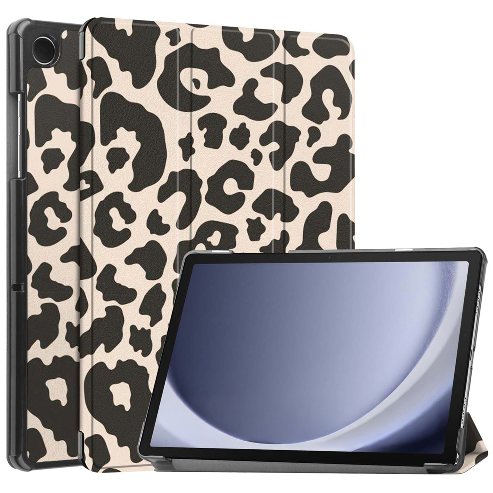 A tablet with a leopard print case.