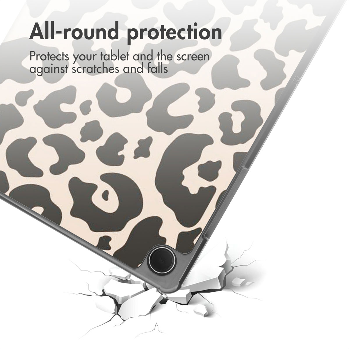 A leopard print case protecting a tablet that is falling onto cracked ground.