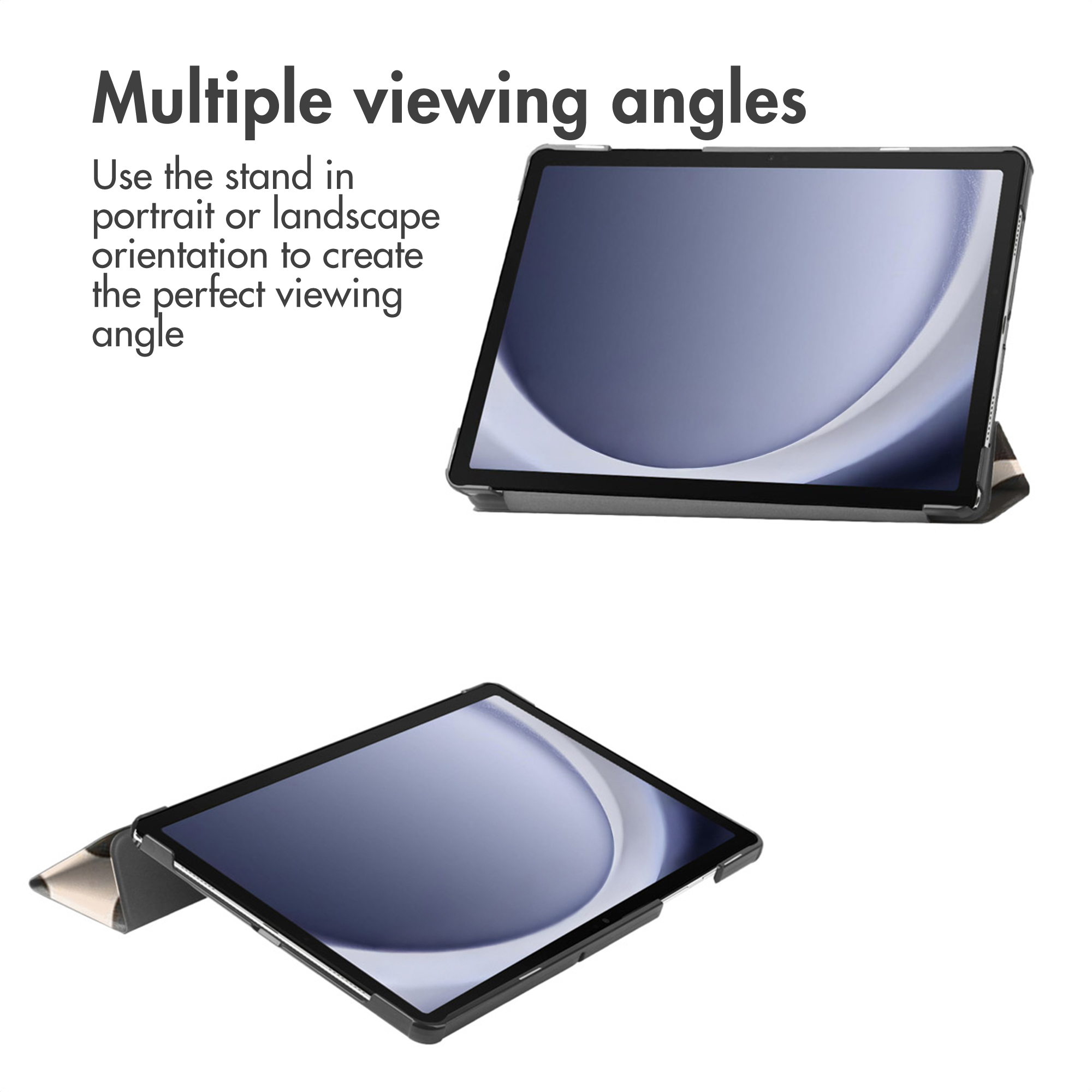 A tablet is shown in two orientations, one portrait and one landscape, with its stand.
