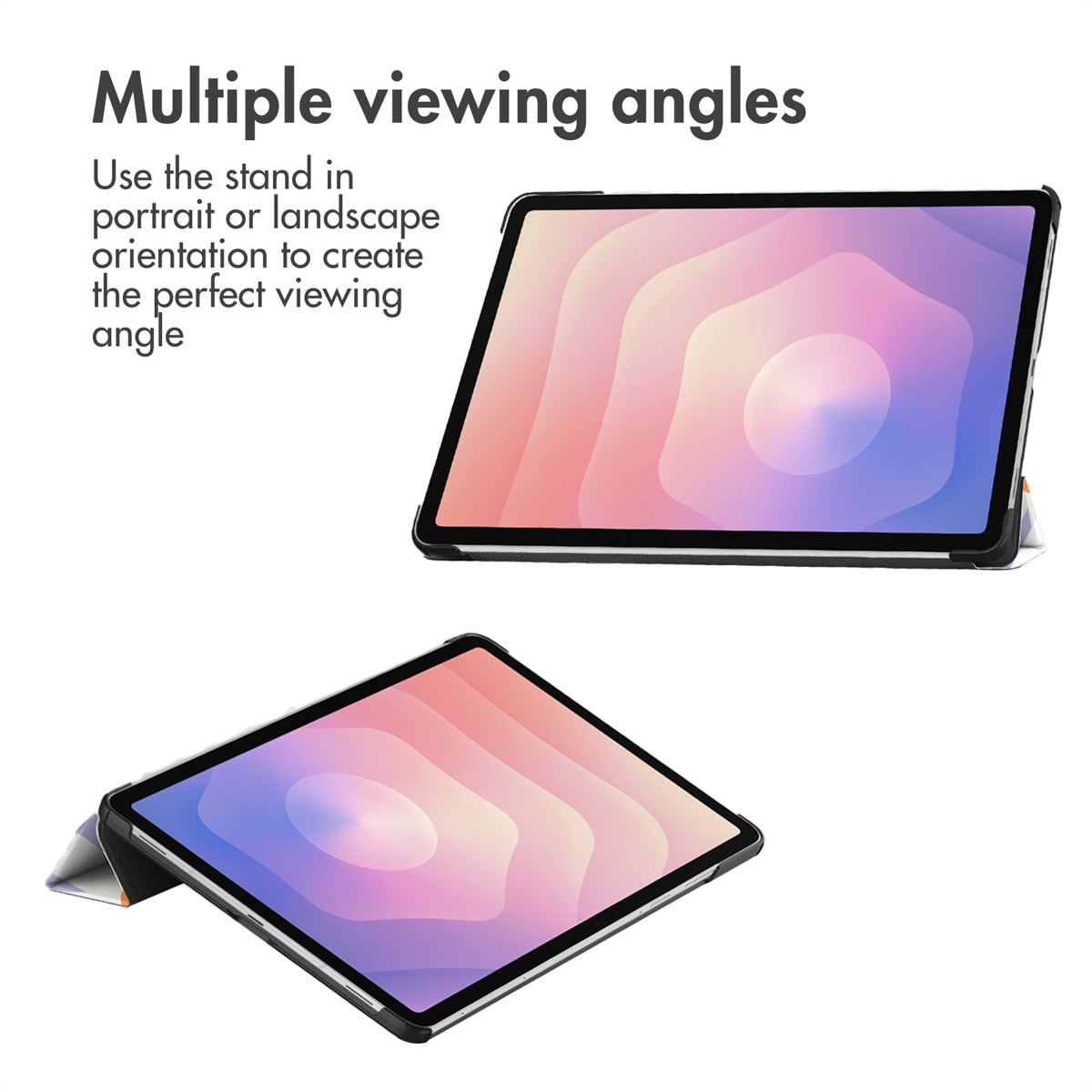 Two tablets in different viewing angles with abstract background graphics.