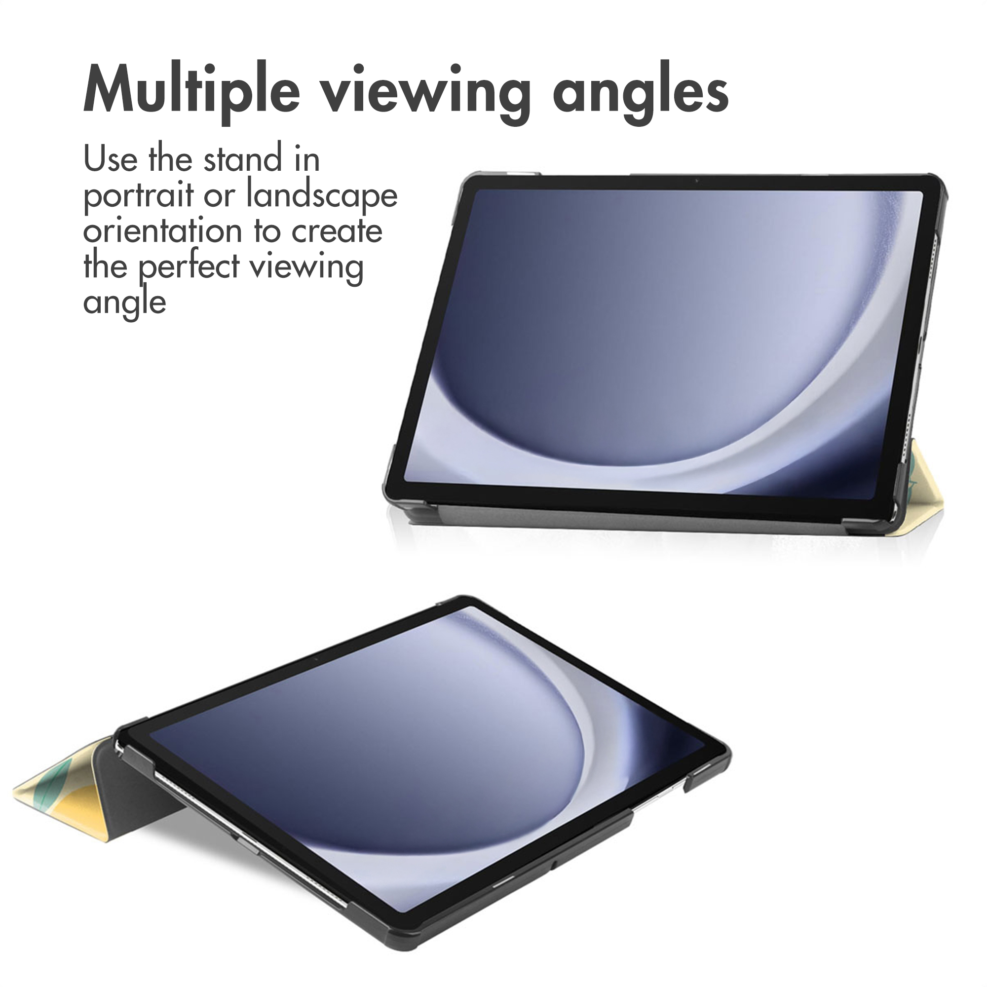 Two tablets shown in different orientations with stands.
