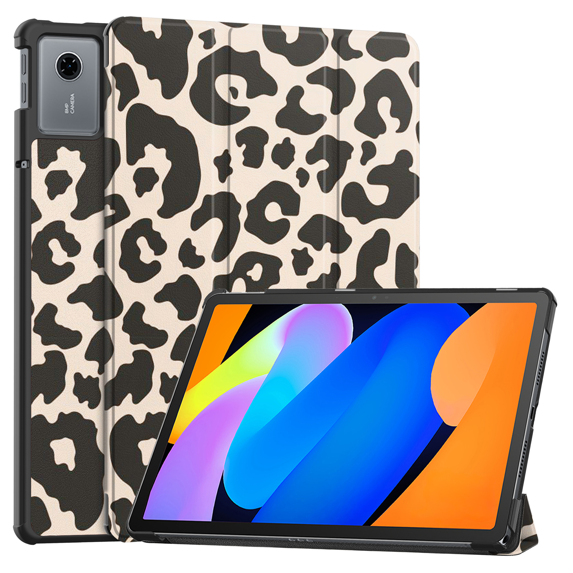 A tablet in a leopard print case, standing upright. The case is beige with black spots.