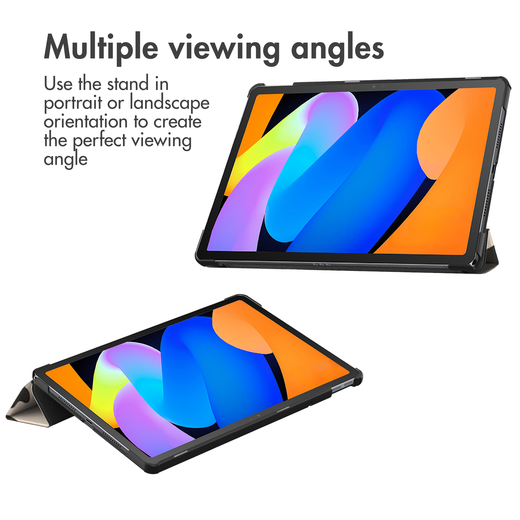 Two tablets in protective cases with colorful backgrounds.