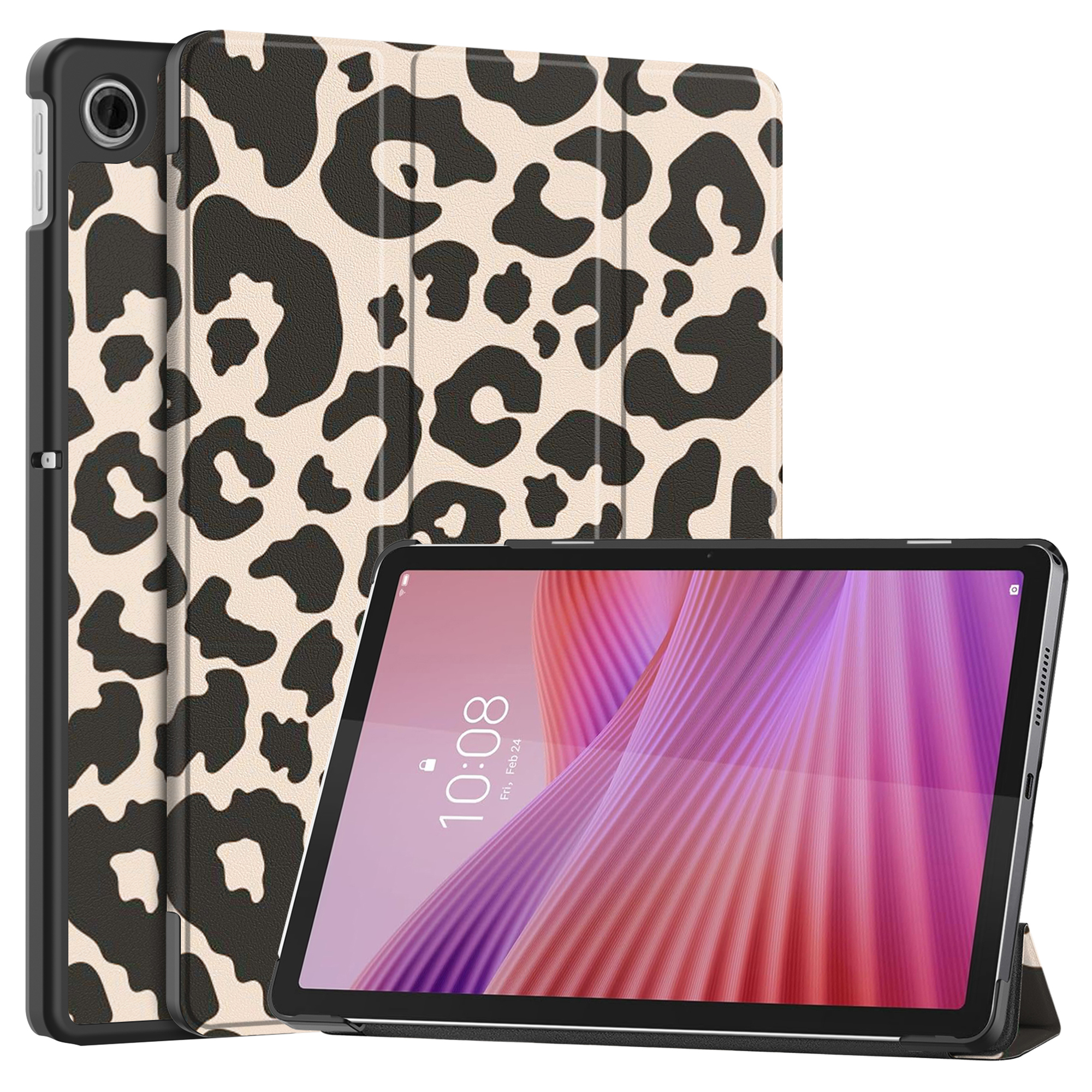 A tablet with a leopard print case, standing upright.