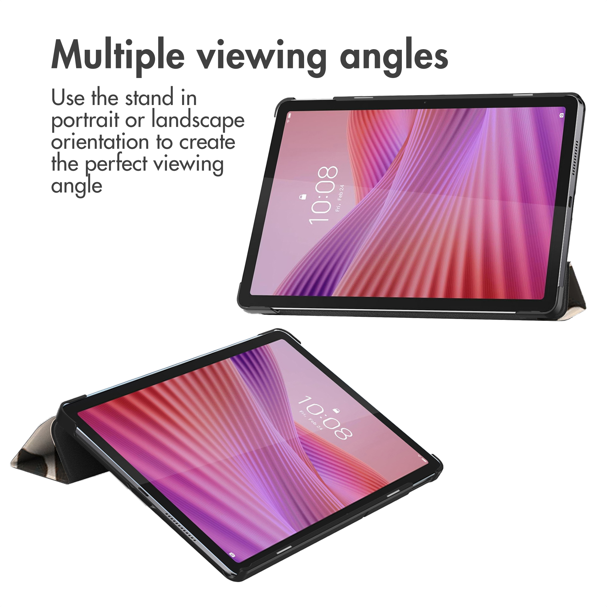 Two tablets in cases showing different viewing angles.